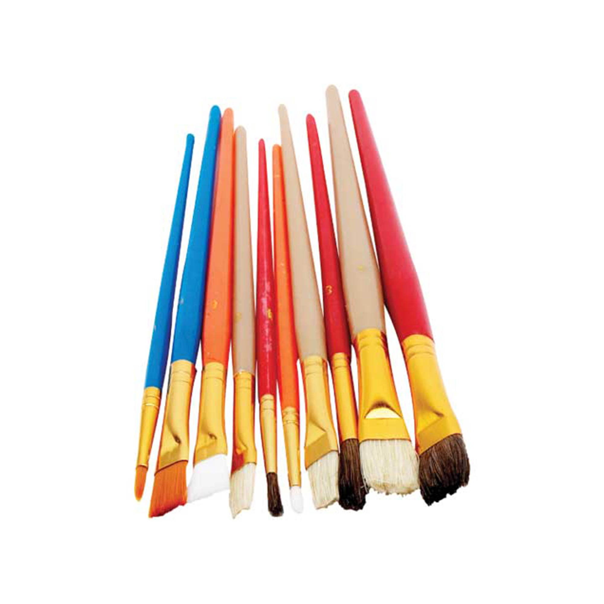 Performance Tool Artist Brush Set — 10 Pcs, Assorted Natural & Synthetic Bristles, Color-Coded Wooden Handles, Model# PRT1120